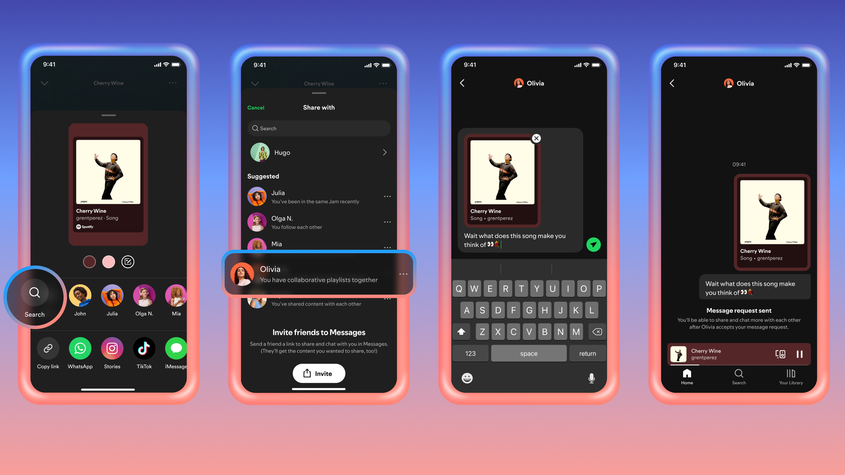 Several phones on a blue background and link showing the spotify messages function
