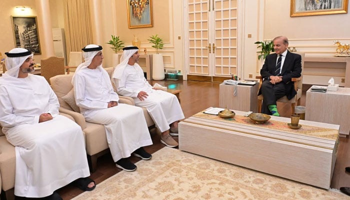 Prime Minister Shehbaz Sharif (right) meets the outgoing ambassador Hamad Obaid Ibrahim al-Zaabi. - Pmo