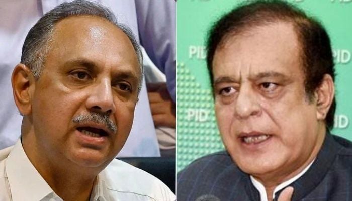 The opposition leader of NA, Omar Ayub (right) and Senator Shibli Faraz. - AFP/app/file