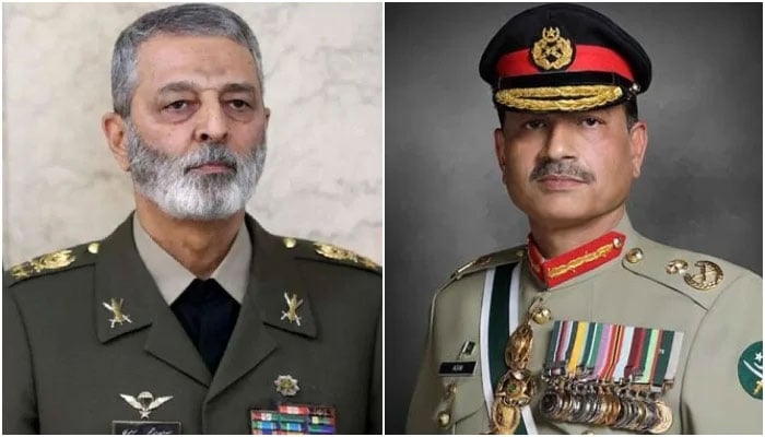 President of the Chief of Cabinet of the Armed Forces of Iran, Major General Abdolrahim Mousavi (left) and the Munir Marshal, Chief of Army Personnel (COA). - IRNA/ISPR/File
