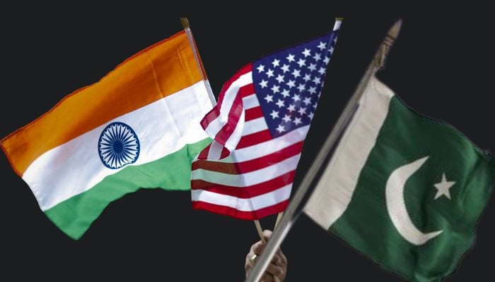 (From left to right) National flags of India, the United States and Pakistan. - Reuters
