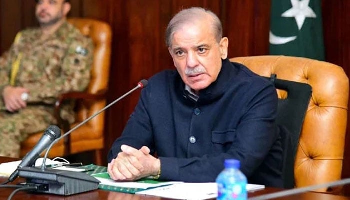 Prime Minister Shehbaz Sharif presides over a meeting at Peshawar on March 6, 2024. - ask