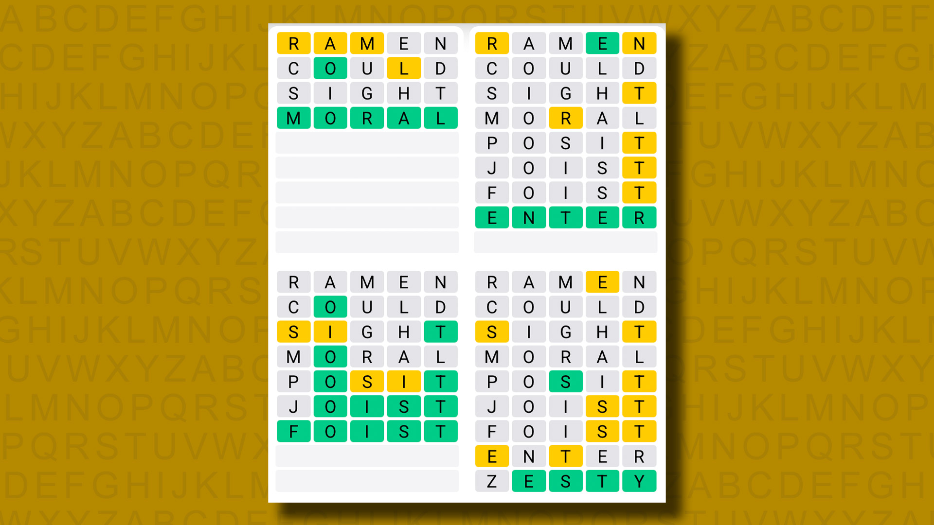 Quordle Answers for game 1315 on a yellow background