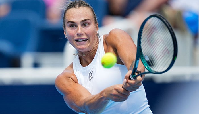 Aryna Sabalenka (BLR) returns a shot against Emma Raducanu (GBR) during the Cincinnati Open in the Lindner Family Tennis Center on August 11, 2025. - Reuters