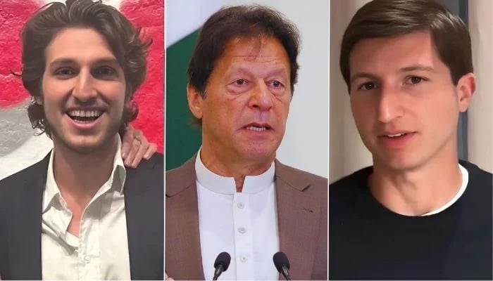 This collage shows the founder of PTI and former Prime Minister Imran Khan (center) and his children Kasim Khan (left) and Sulaiman Khan. - Instagram/@khanjemima/youtube/@marionawfal/reuters/file