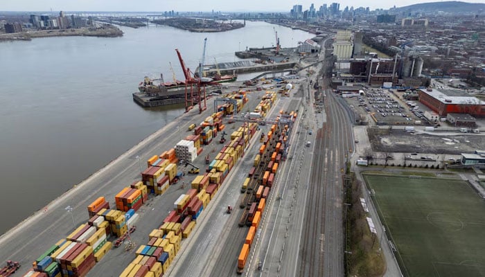 A drone view shows shipping containers in the port of Montreal in Montreal, Quebec, Canada, April 14, 2025. - Reuters