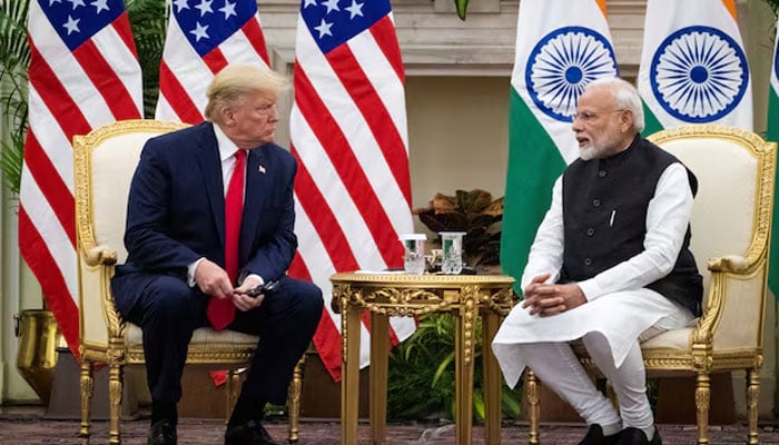 The Indian Prime Minister, Narendra Modi, speaks with the president of the United States, Donald Trump, during a meeting at Hyderab House in New Delhi, India, February 25, 2020. - Reuters