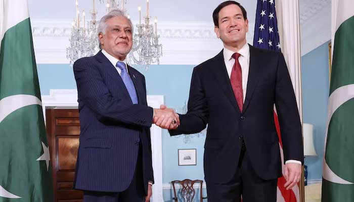 Vice President Vice Minister and Minister of Foreign Affairs, Ishaq Dar, and the Secretary of State of the United States, Marco Rubio, set their hands for photographers gathered in the Washington State Department, DC, on July 25, 2025. - Reuters