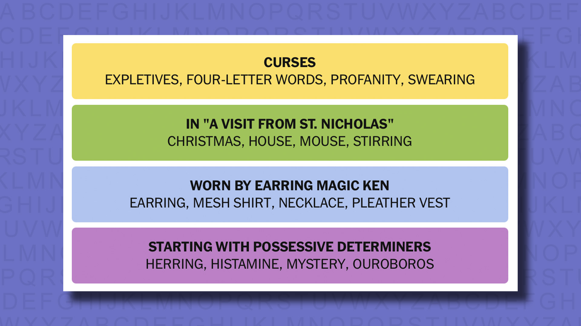 NYT Connections Answers for game 814 in a purple background
