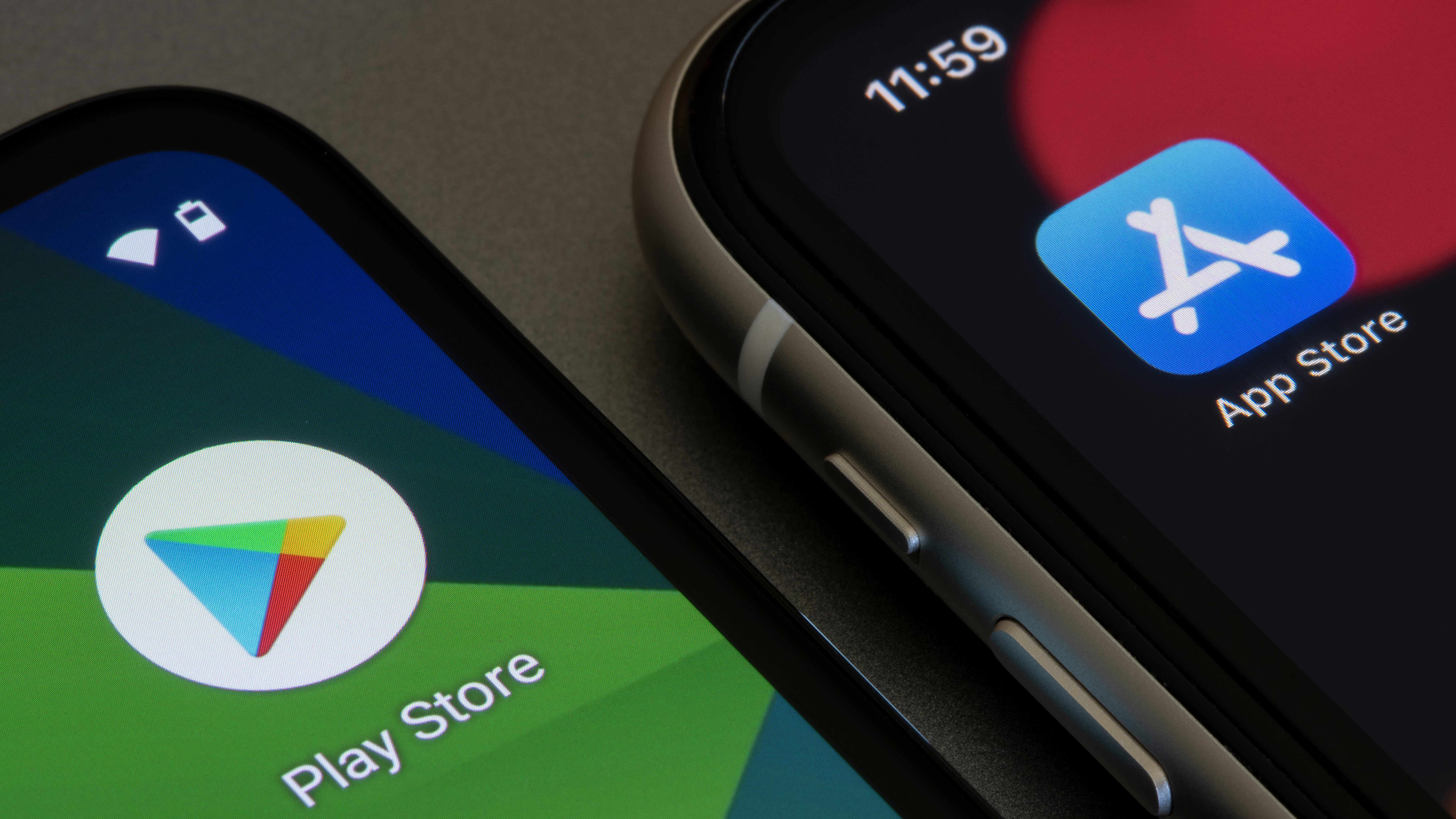 Logos for the application store and Google Play store side by side
