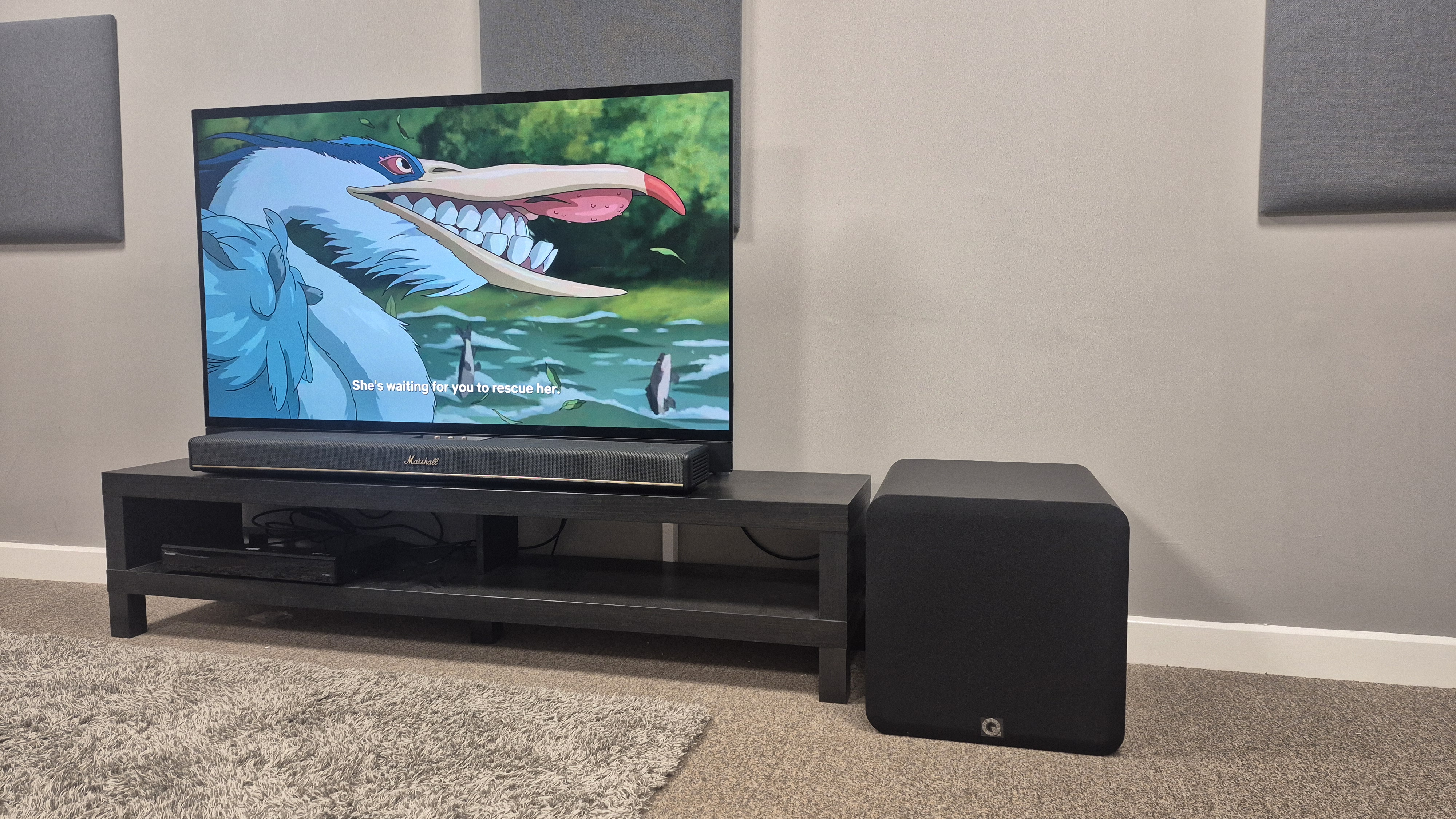Q ACOUSTICS Q Sub120 with Marshall Heston 120 with TV playing The Boy and the Heron