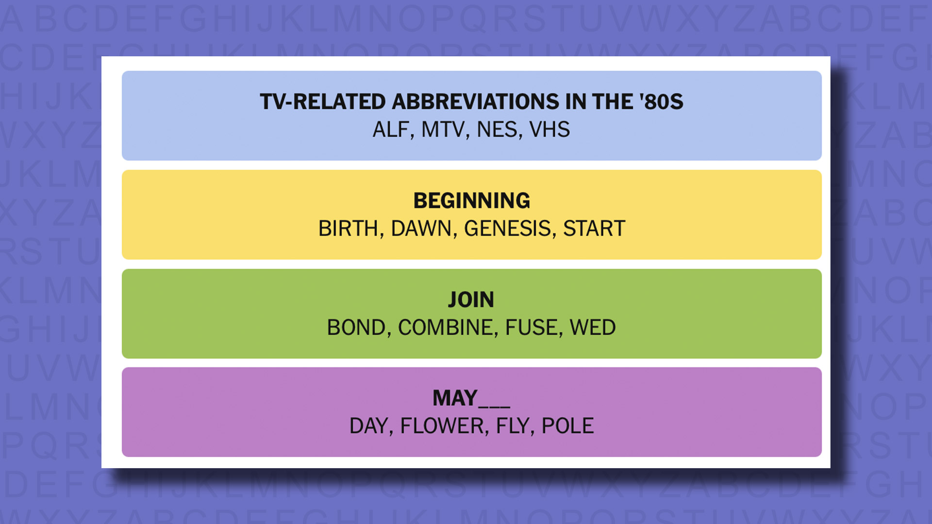 NYT Connections Answers for game 815 in a purple background