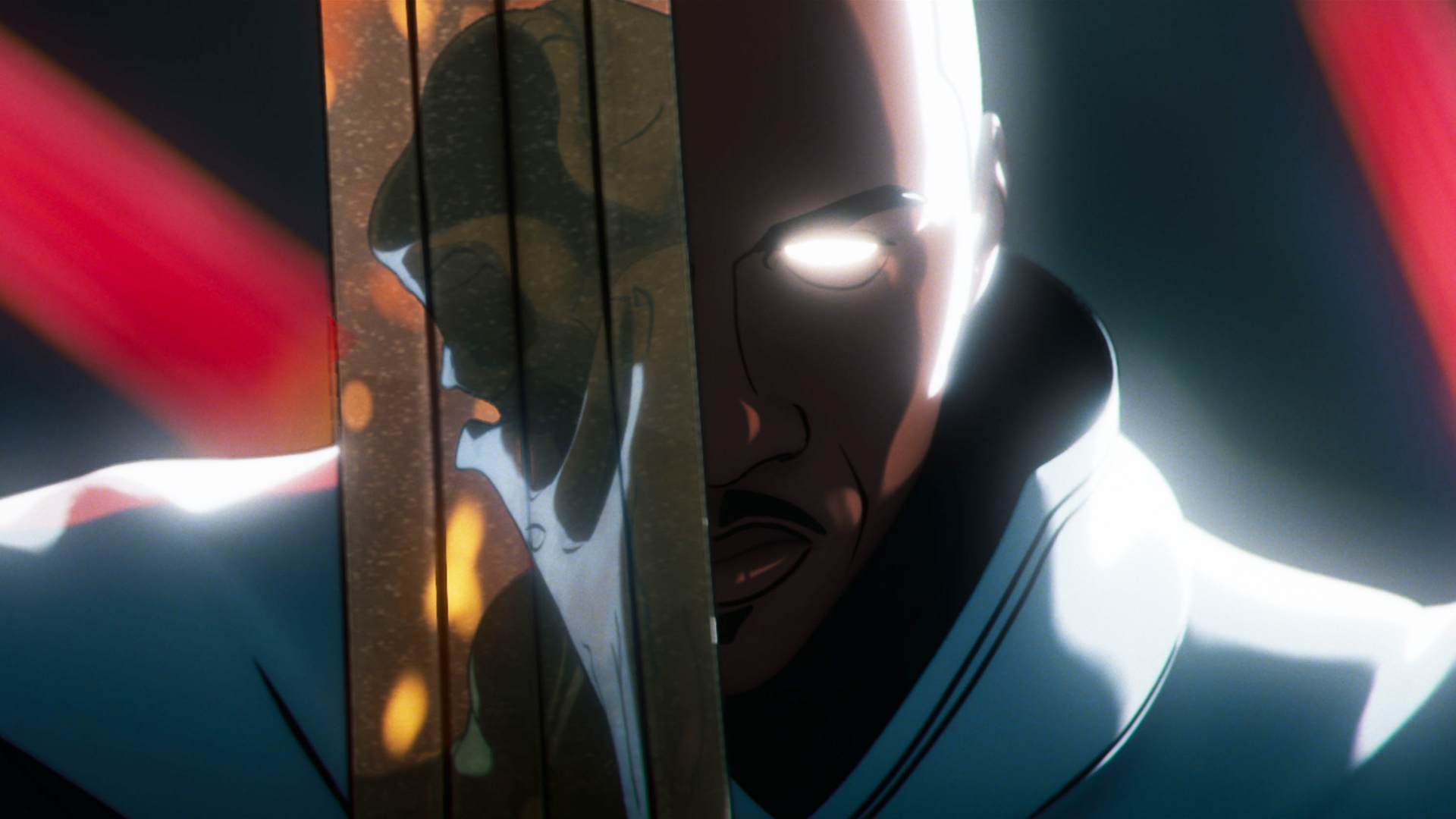 Blade Knight holding her sword on her face with Khonshu's reflection in Marvel Zombies
