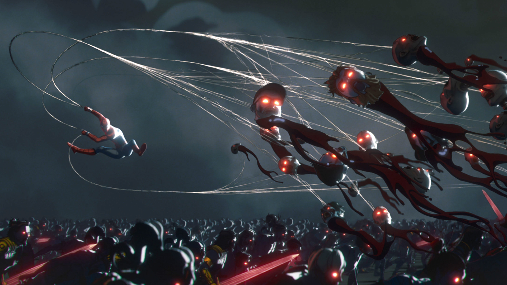 Spider-Man beheading zombies using their networks in Marvel Zombies