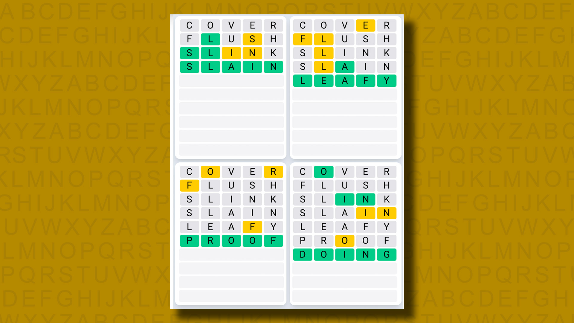 Quordle Daily Sequence Answers for game 1319 on a yellow background