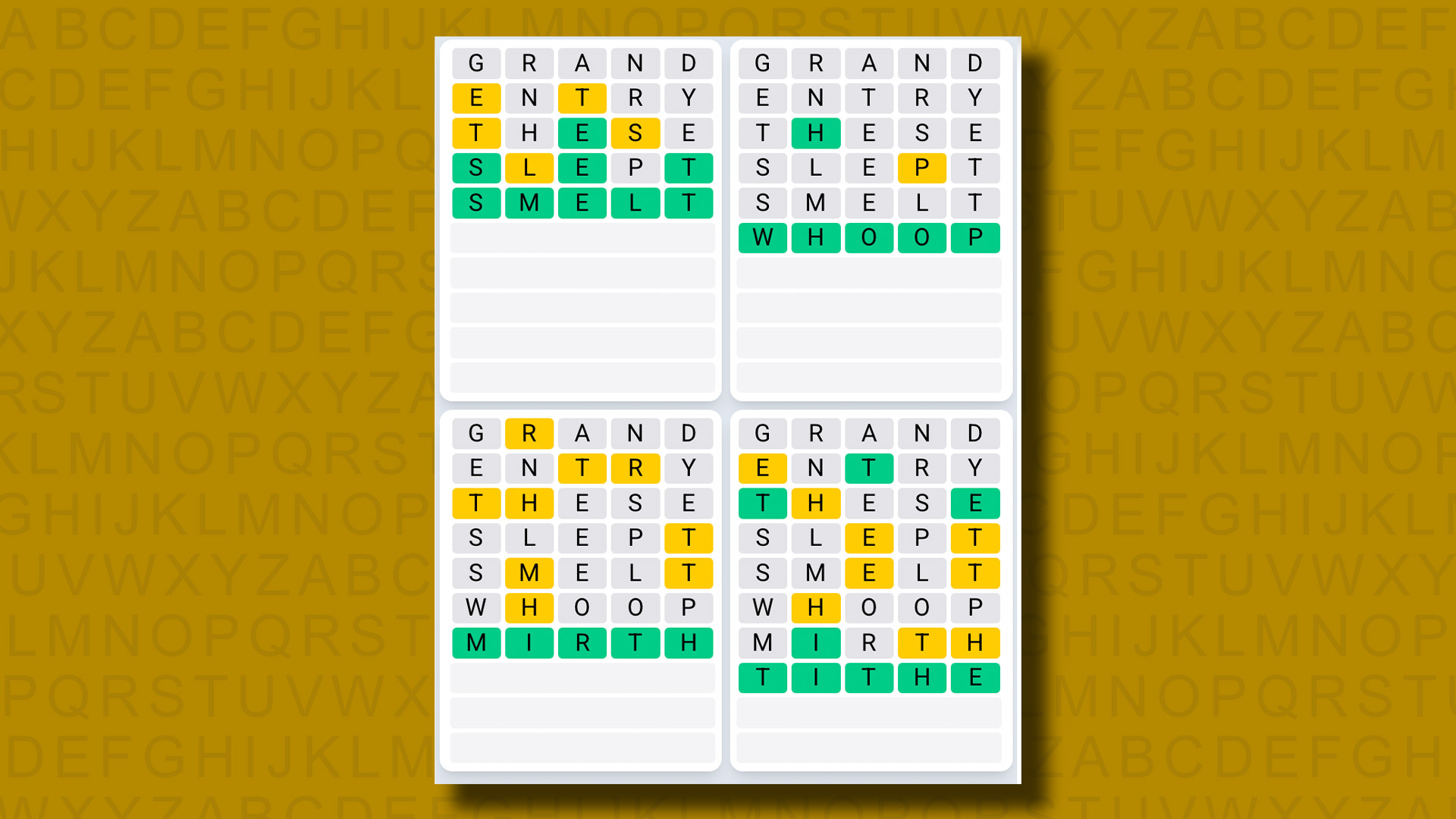 Quordle Daily Sequence Answers for game 1321 on a yellow background