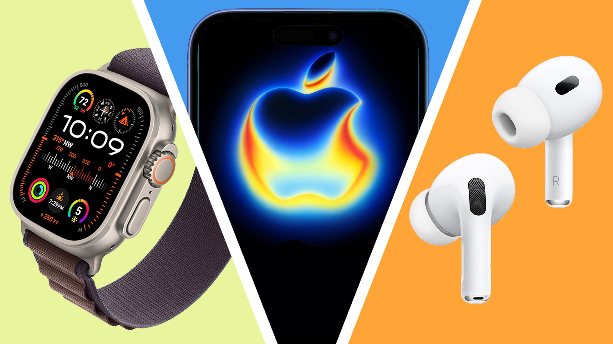 Apple Watch Ultra 2 on a green yellow background, Apple iPhone 17 Pro Max that shows the Apple September 2025 event on its screen, on a blue background, and Apple Airpods Pro 2 on an orange background
