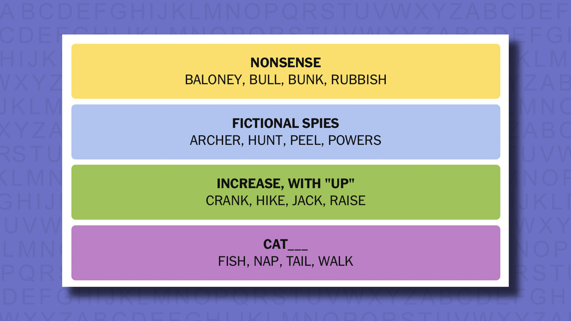 NYT Connections Answers for the game 820 on a purple background