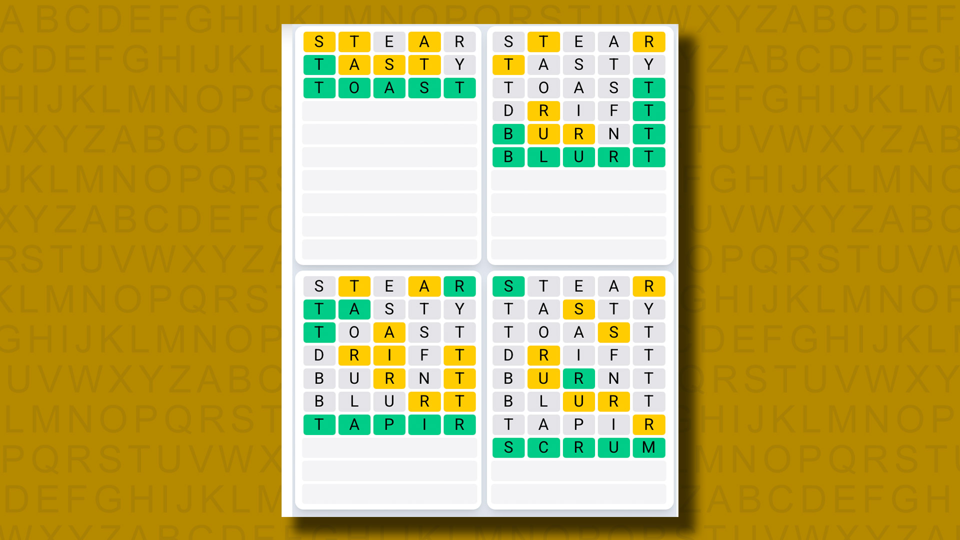 Quordle Daily Sequence Answers for game 1323 on a yellow background