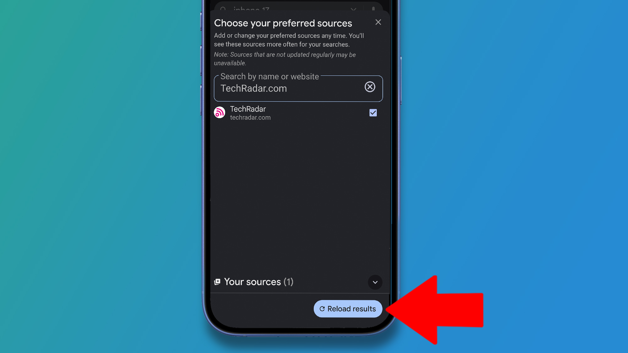 A blue background that shows how to choose websites as preferred sources in Google's main stories.