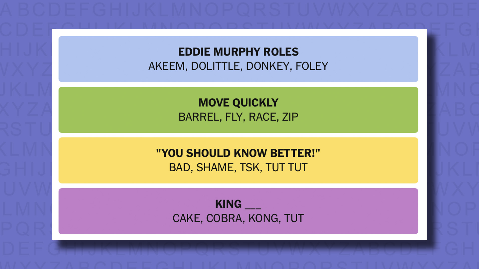 NYT Connections Answers for the game 822 in a purple background