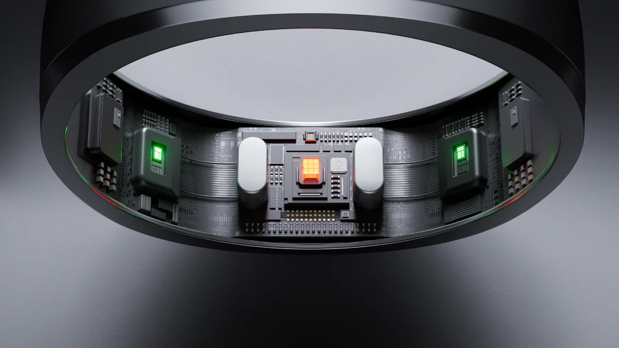 The internal components of the intelligent ringconn gene 2 on a gray background