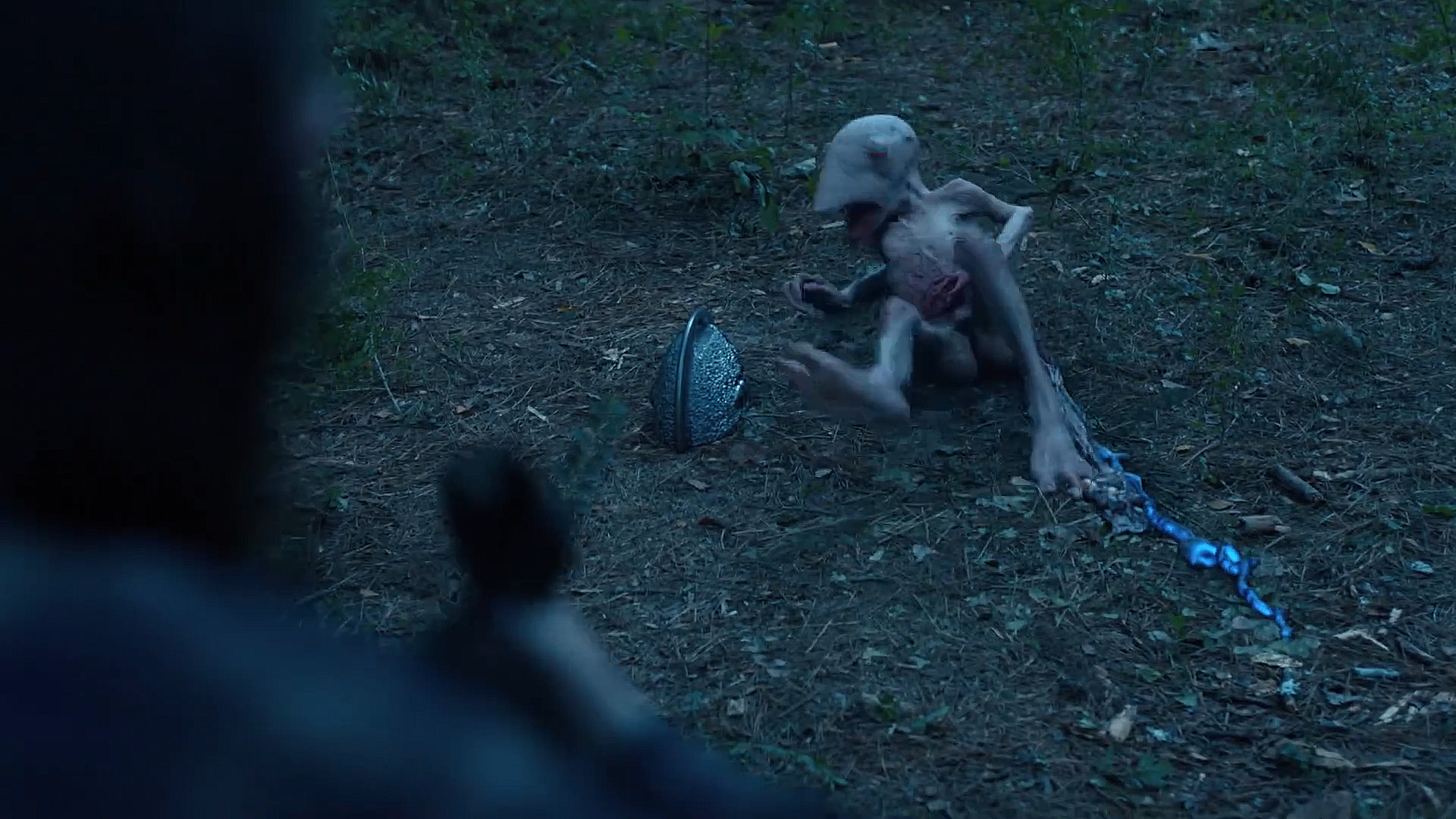 An alien that lay seriously injured on the forest floor with a silver case sitting next to him in the peaceful season 2 Episode 4