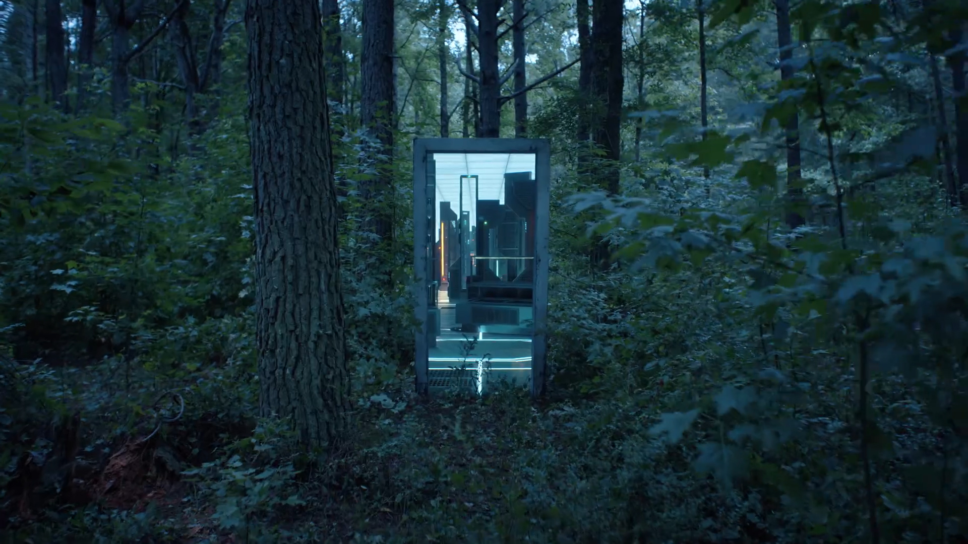 A door to the quantum deployment chamber in the middle of a forest in the peaceful season 2 Episode 4