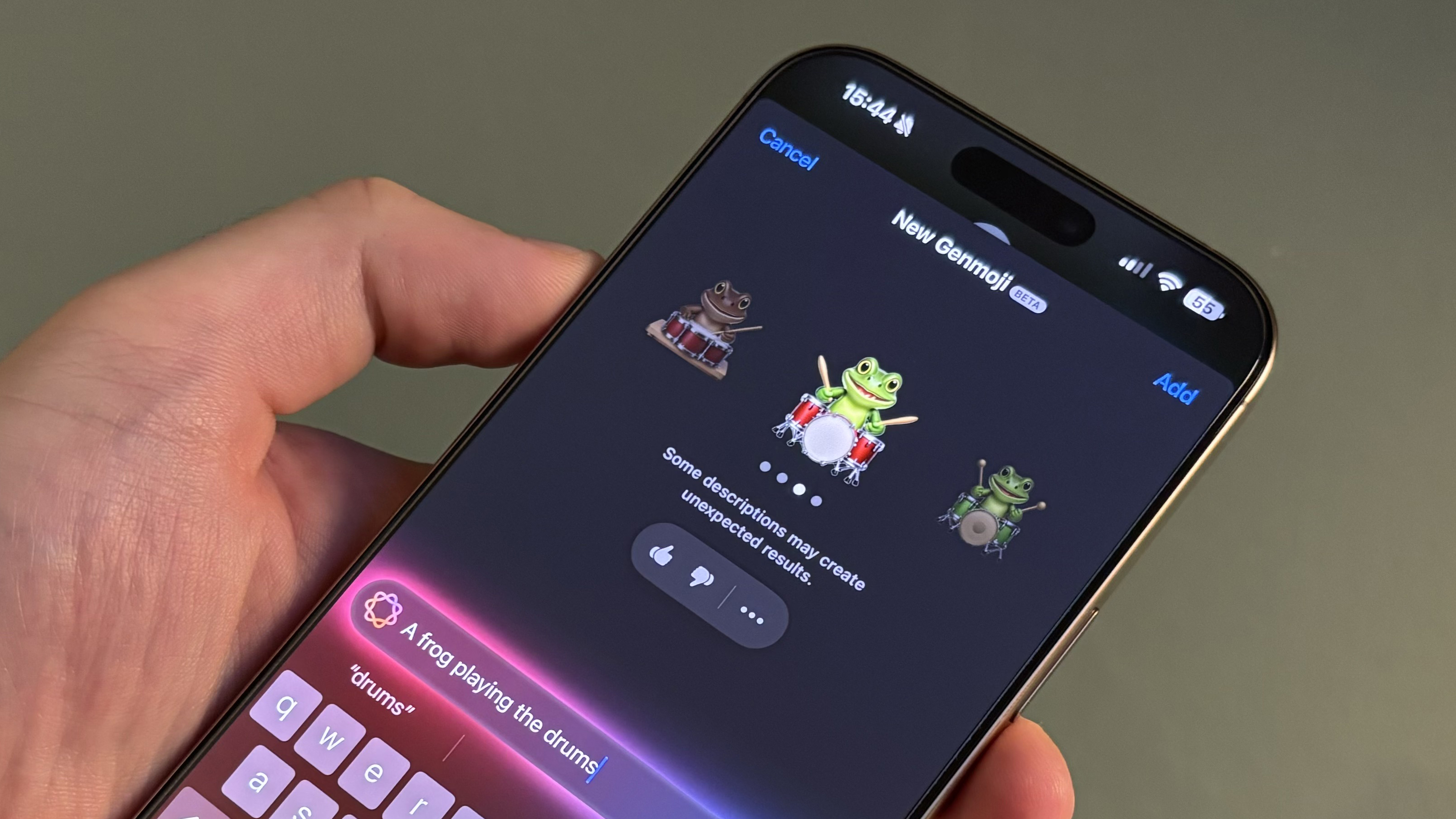 Hand holding a phone with frog emojis on the screen