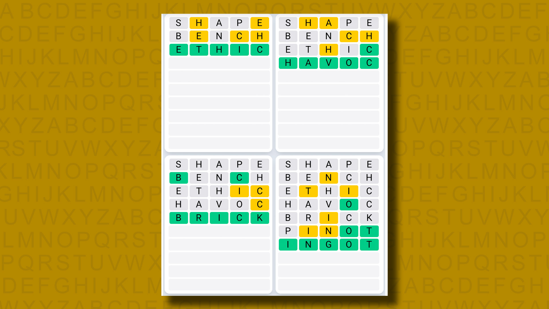 Quordle Daily Sequence Answers for game 1332 on a yellow background