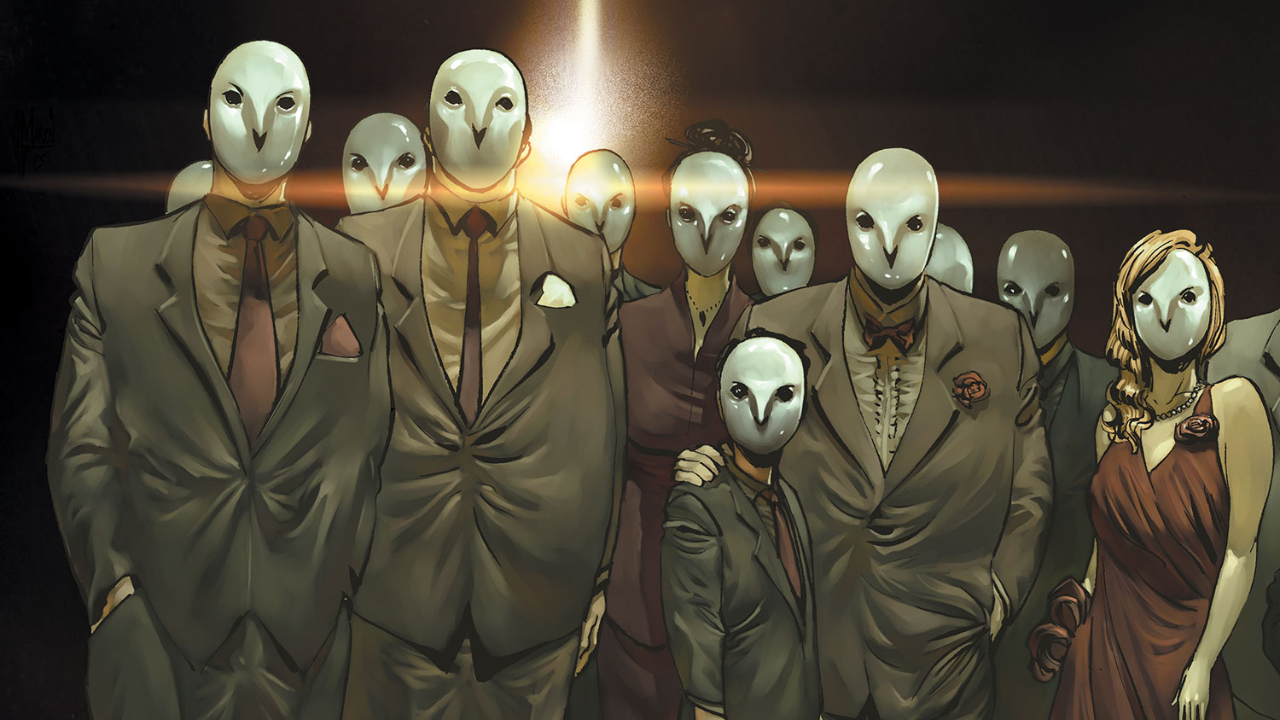 A screenshot of the villain group called The Court of Owls in a DC comic