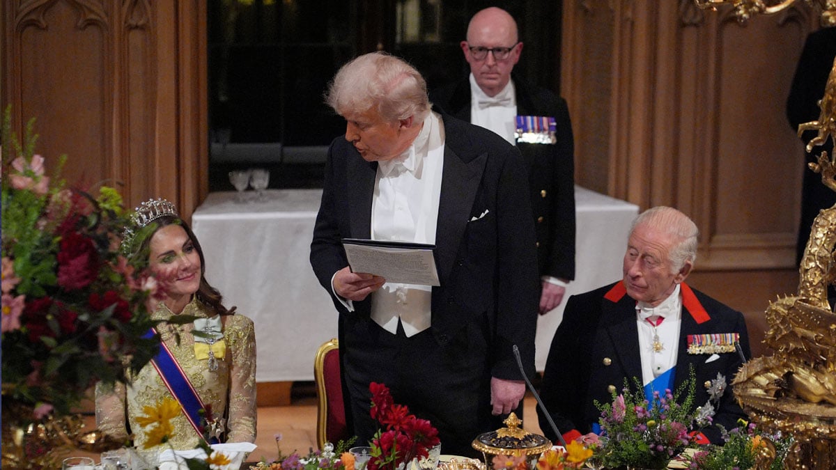The president of the United States, Donald Trump, pronounces his speech when King Charles and the princess of Wales listen during the state banquet for the president of the United States and the first lady Melania Trump in Windsor Castle, Berkshire, on the day one of his second state visit to the United Kingdom, on Wednesday, September 17, 2025.