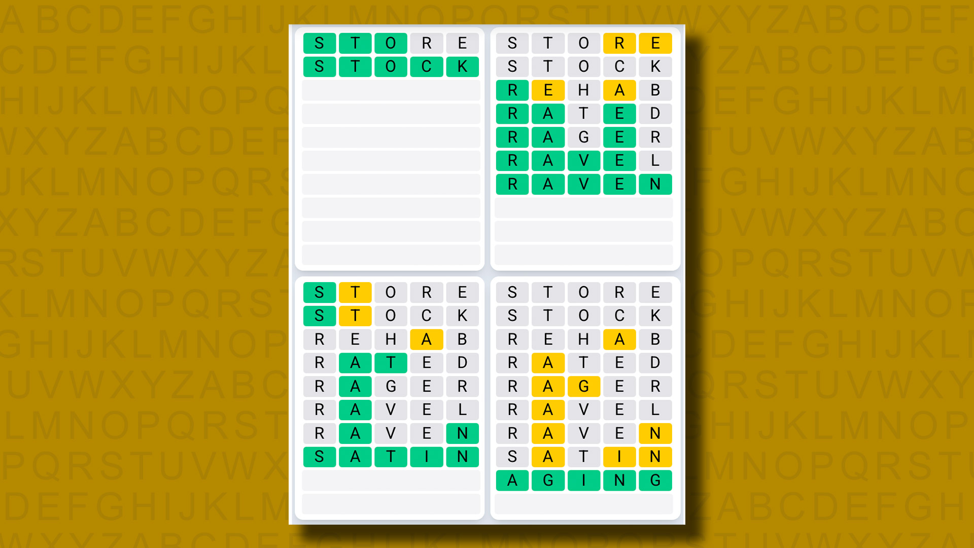 Quordle Daily Sequence Answers for game 1335 on a yellow background