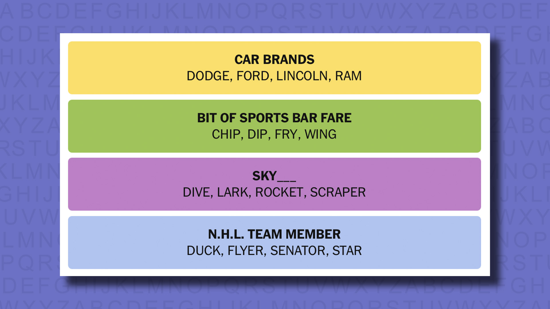 NYT Connections Answers for game 832 on a purple background