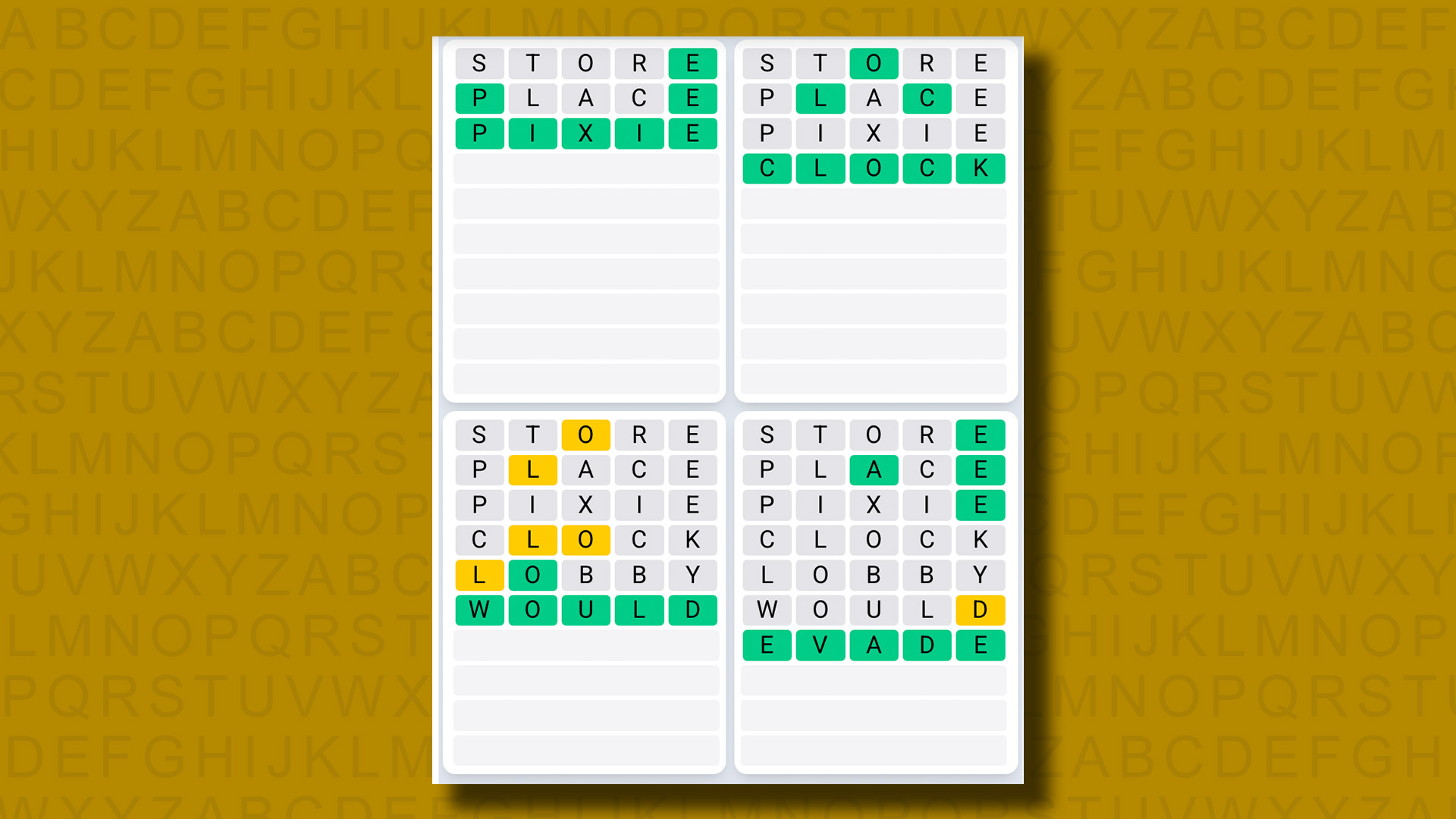 Quordle Daily Sequence Answers for game 1336 on a yellow background