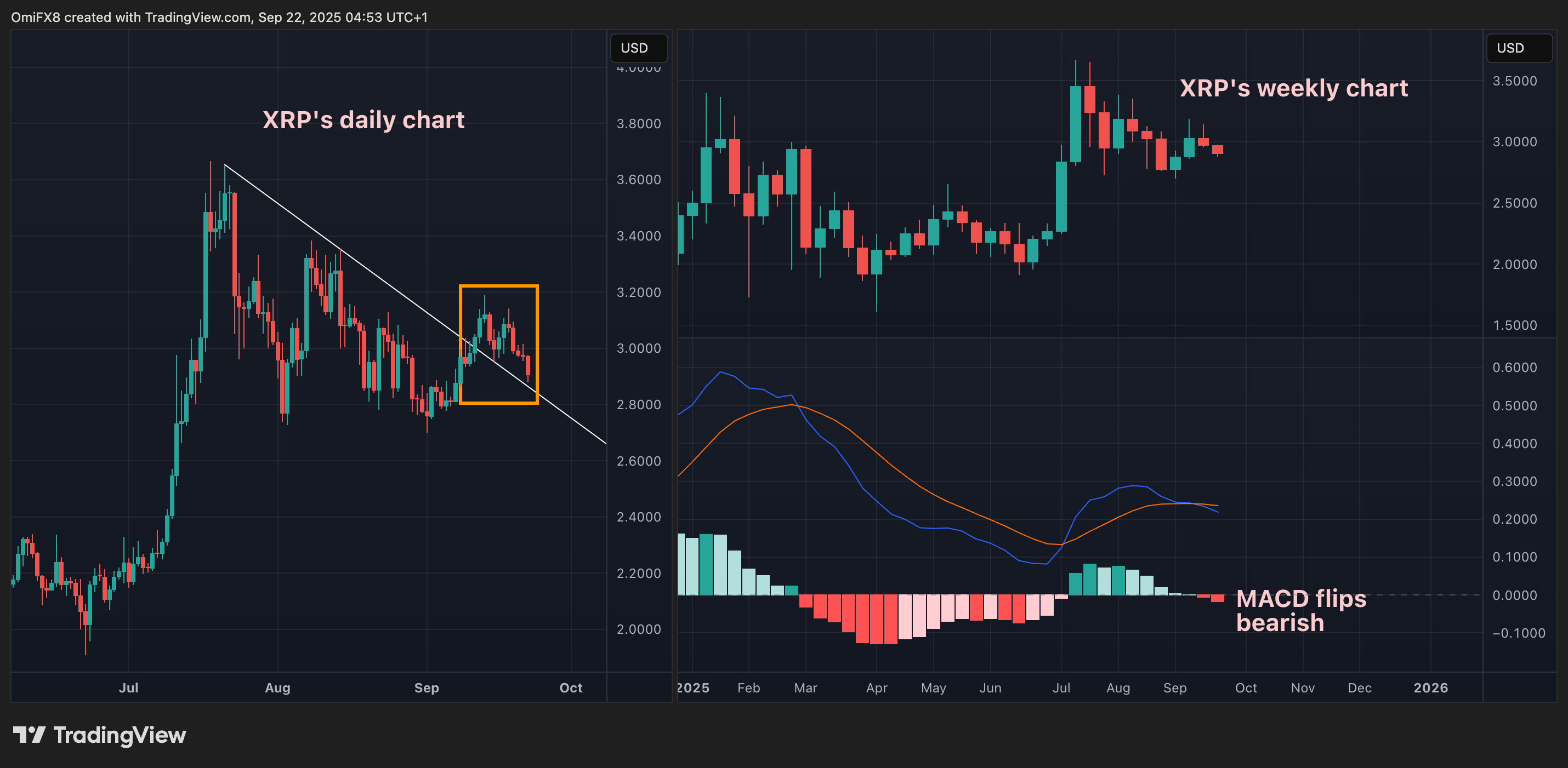 XRP daily and weekly paintings in candle formats. (TrainingView/Coindesk)