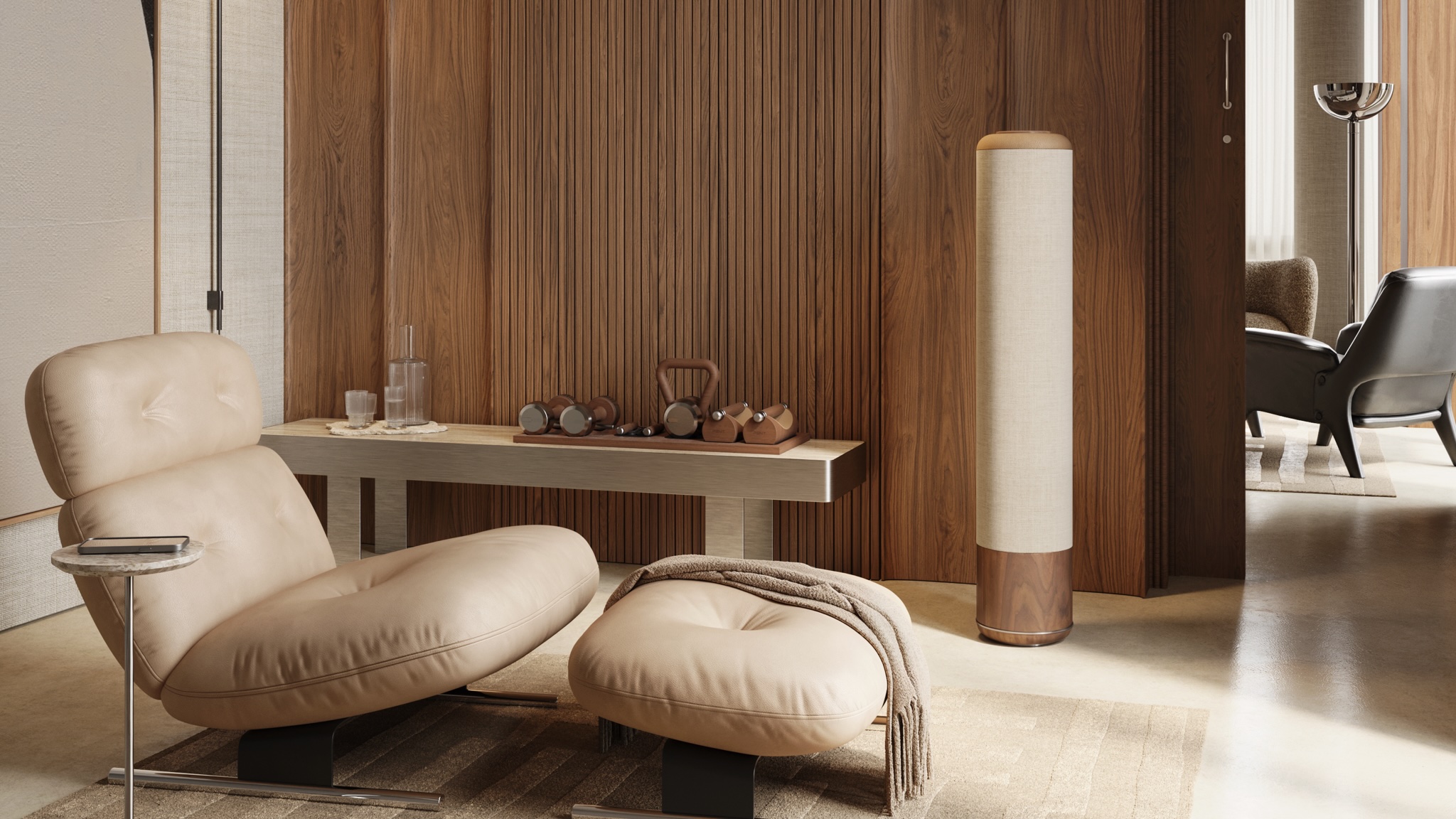 Locked. Audio Chiara Altavoz next to a wall with wooden panels with a large living room in the foreground