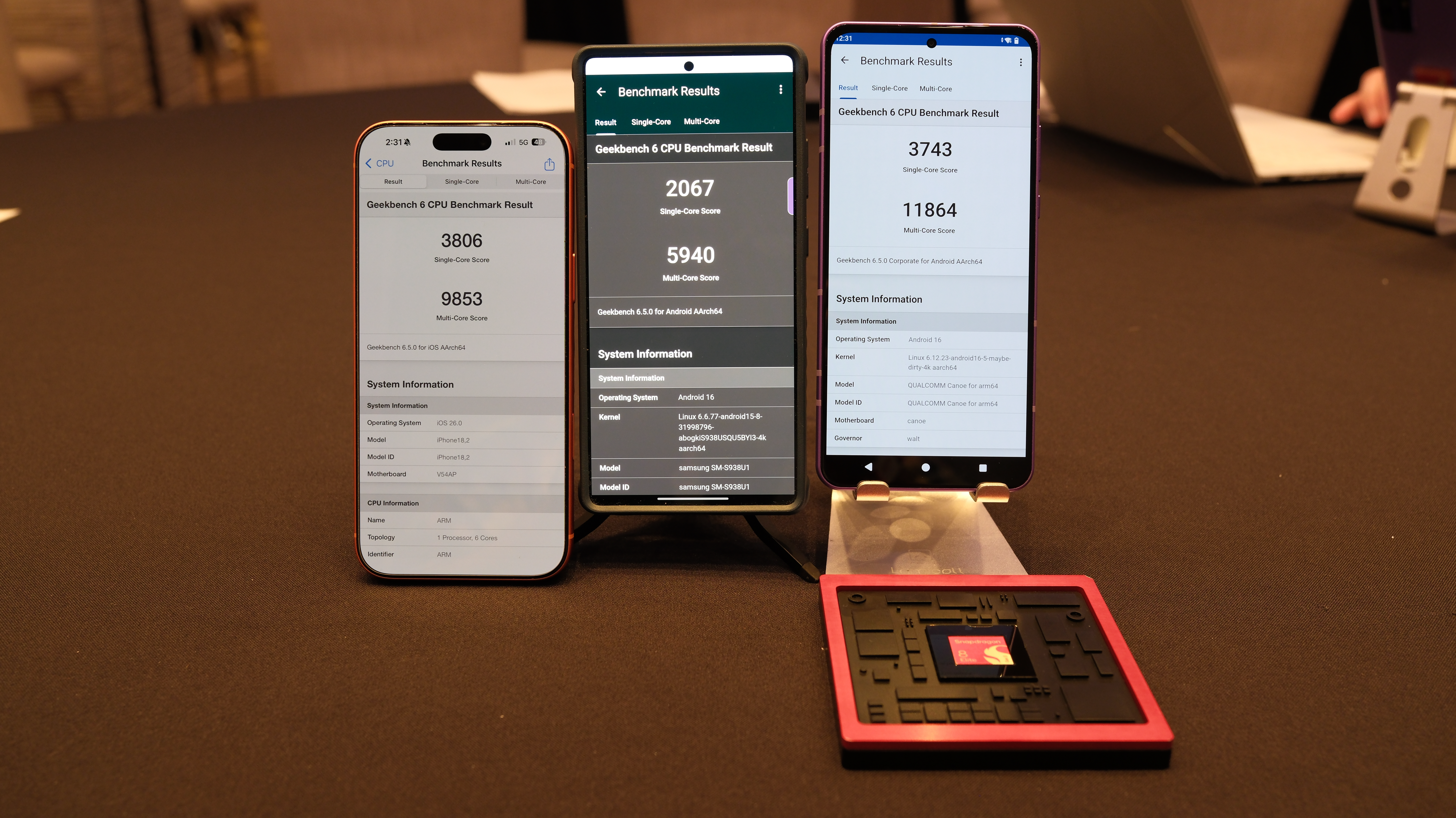 An iPhone 17 Pro Max, Galaxy S25 Ultra and Snapdragon 8 Elite Gen 5 Reference Telephone one next to the other with Geekbench on the screen