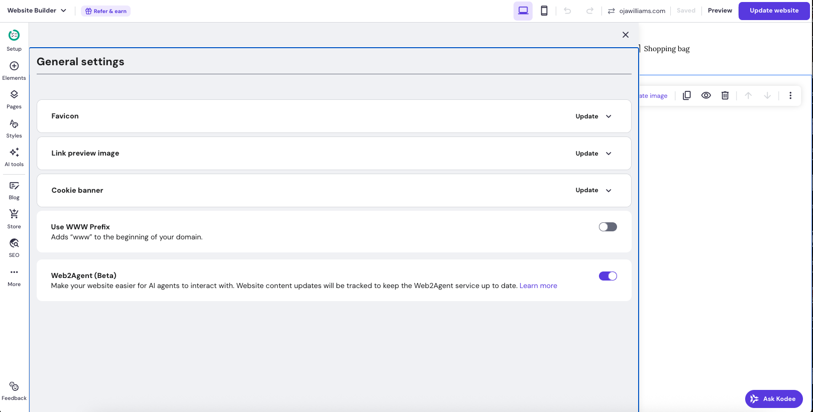 Screenshot of the hostinger website builder board with option to activate web2agent