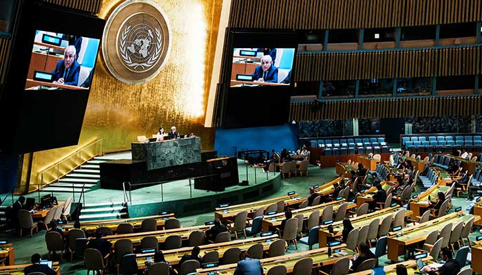 Palestinian permanent observer to a Riyad H Mansour, on the screens while addressed to the delegates after the Unga vote on the issue of Palestine and the implementation of the solution of two states, at the UN headquarters in New York City, USA. UU. On September 12, 2025.