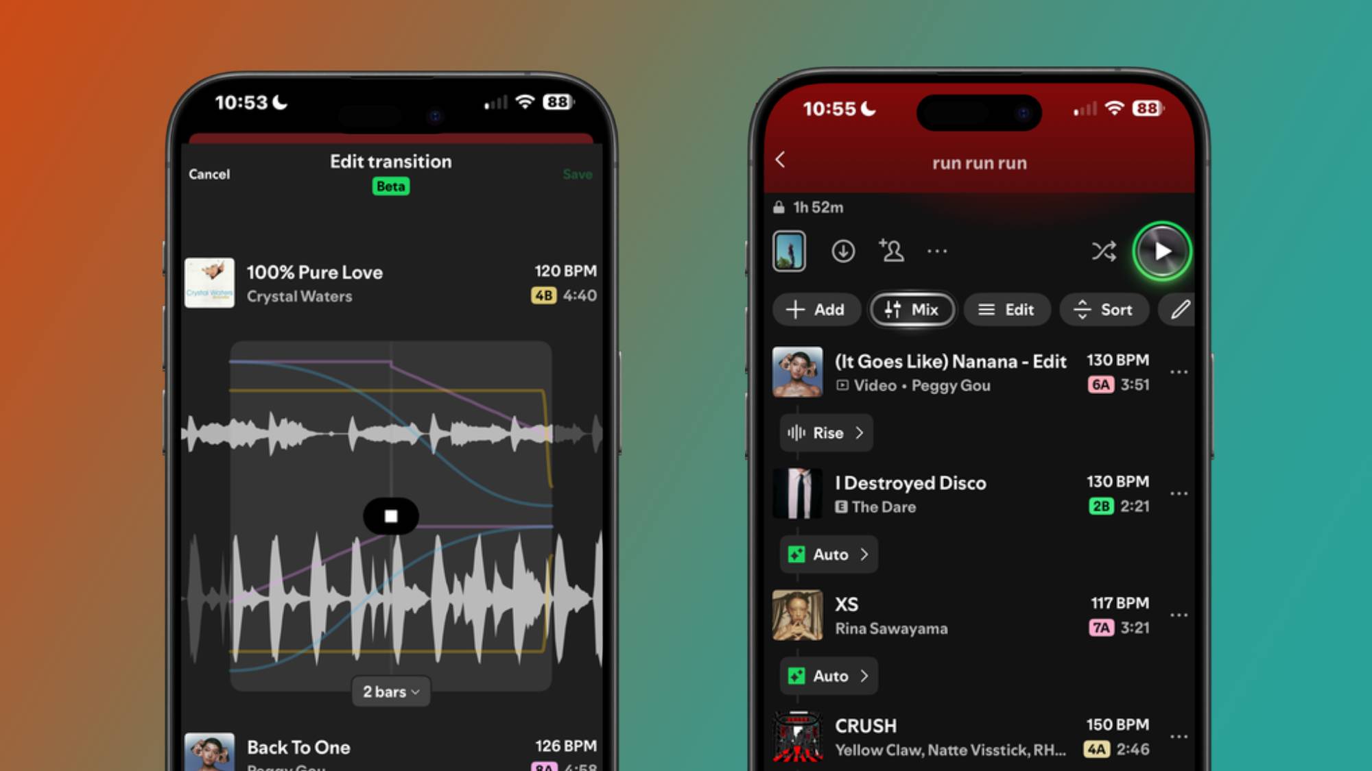 A mixed spotify playback list on an iPhone next to another iPhone that shows the mixture software in the application