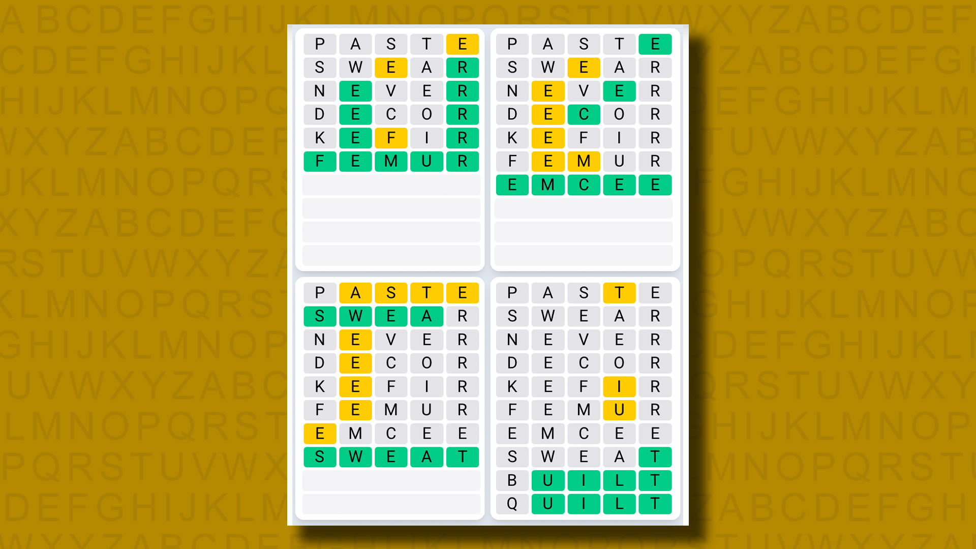 Quordle Daily Sequence Answers for game 1341 on a yellow background
