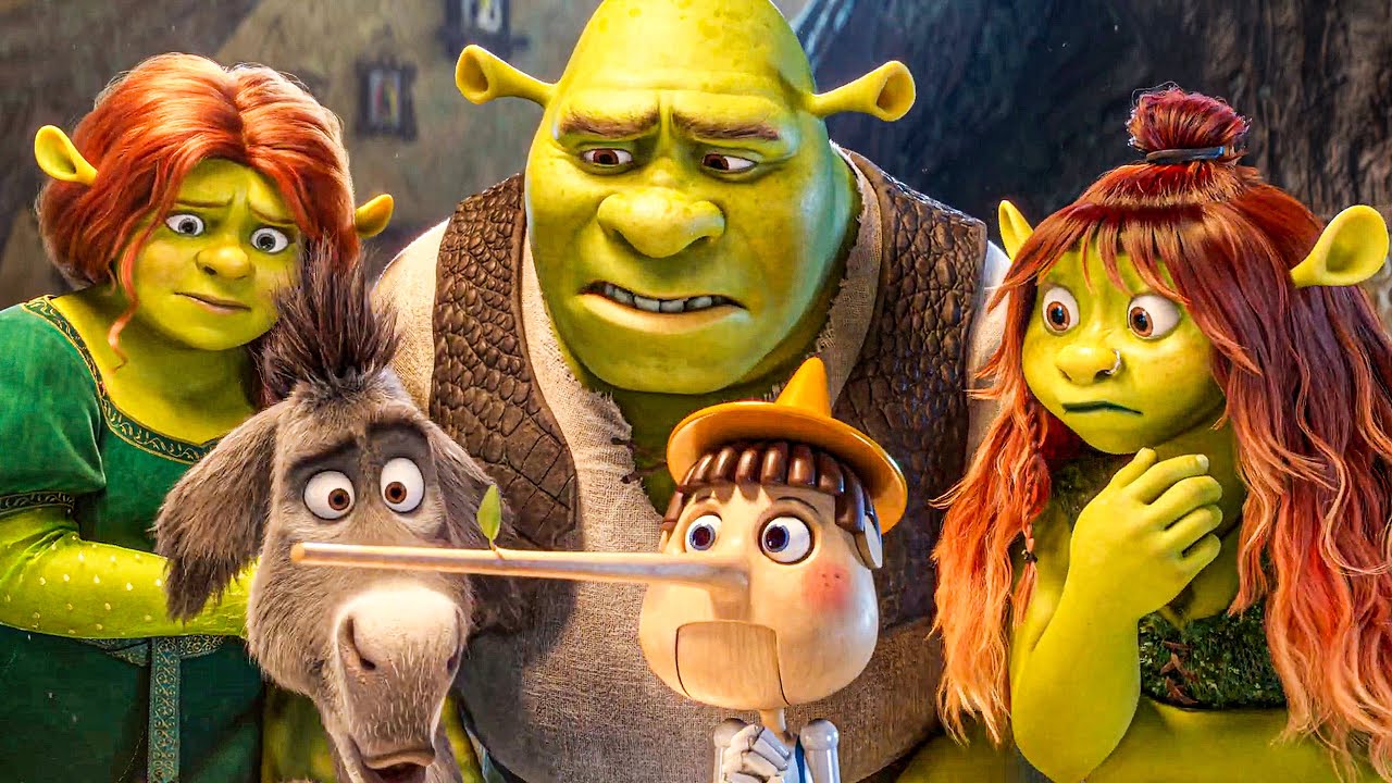 Fiona, Burro, Shrek and Felicia looking in the long pinocchio nose in Shrek 5