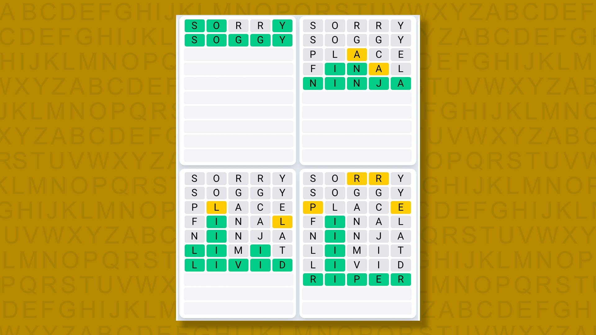 Quordle Daily Sequence Answers for game 1342 on a yellow background