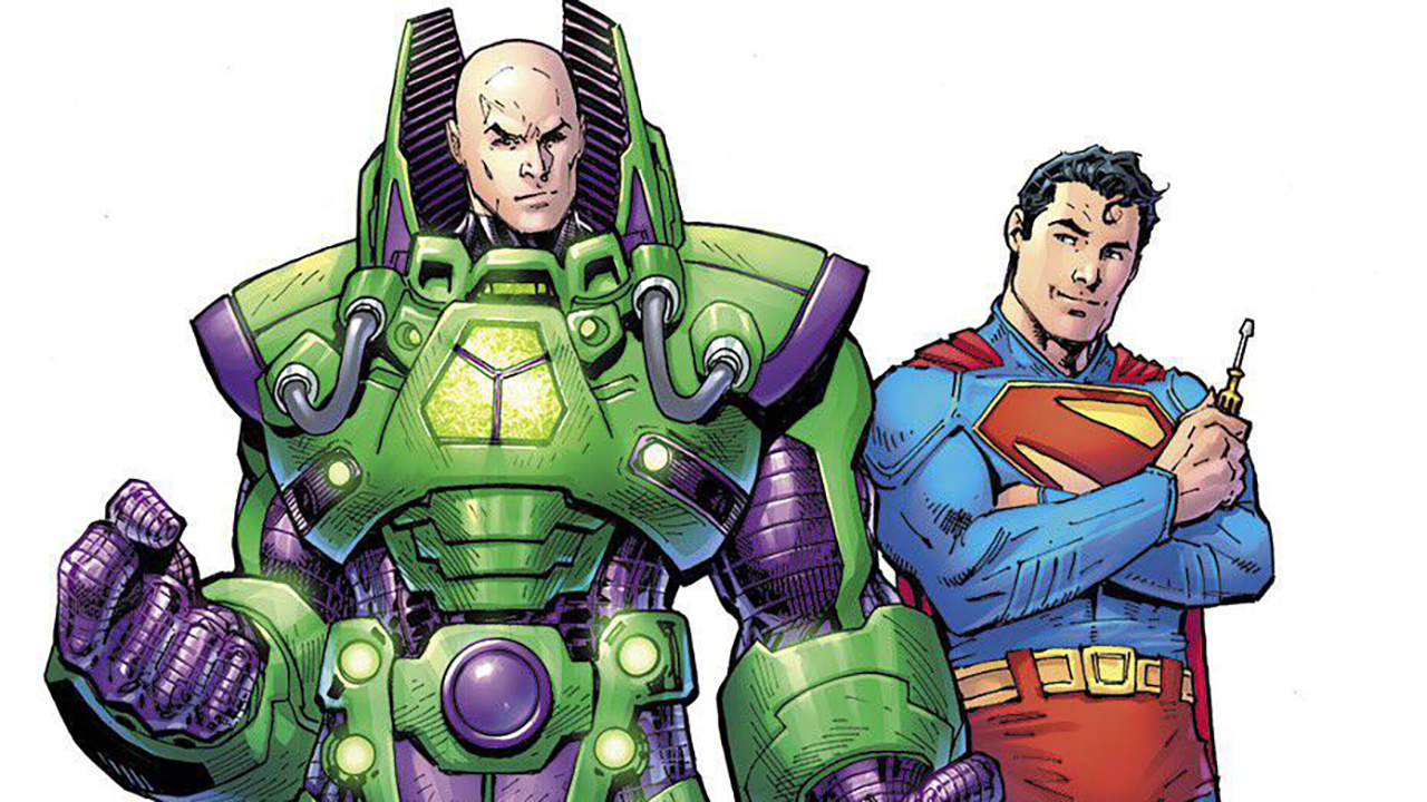 An illustration by Jim Lee by Lex Luthor in his power suit with Superman supported against him