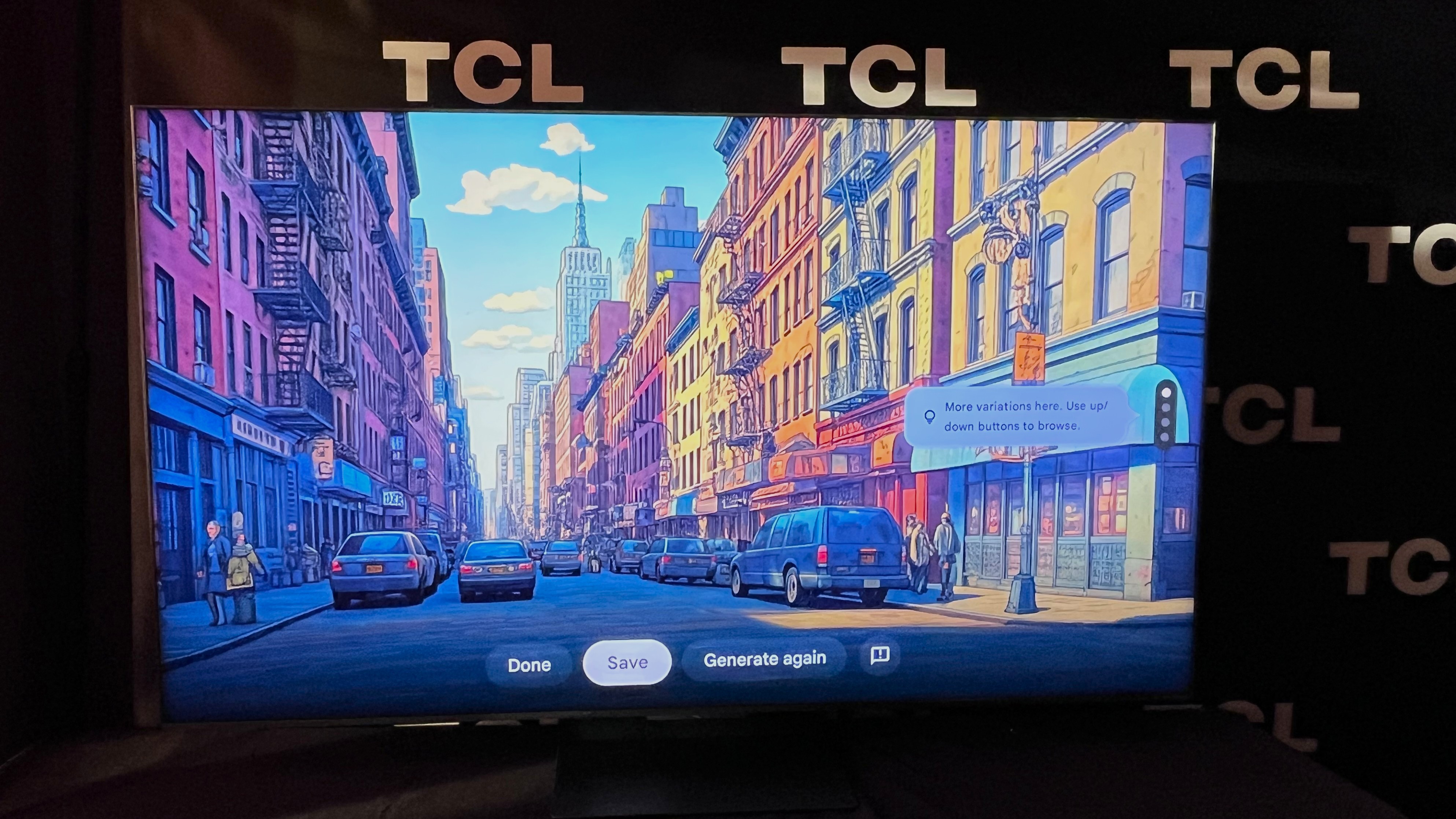 TCL QM9K TV shows a miyazaki -style image of the Soho neighborhood in New York