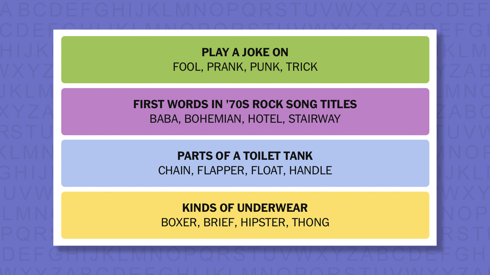 NYT Connections Answers for game 841 on a purple background