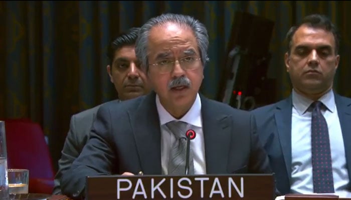 Pakistan's permanent representative for the UN ambassador, equal Iftikhar Ahmad, speaks for the UNSC on September 17, 2025. - x@pakistanun_ny