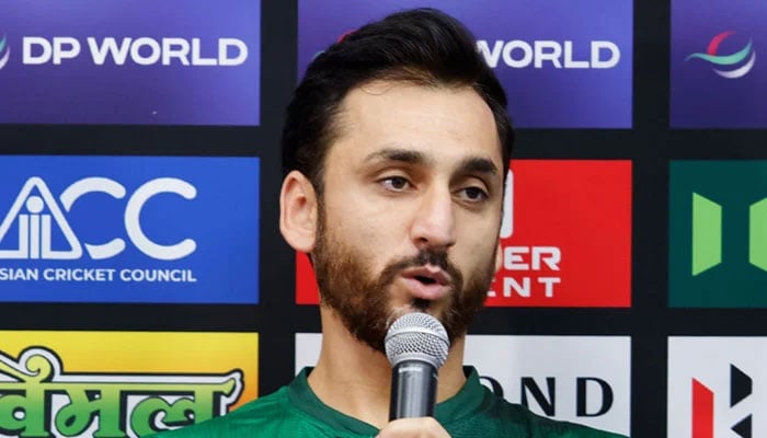The captain of Pakistan, Salman Ali Agha, speaks at the press conference of the captains before the Cup of Asia 2025 at the Dubai International Cricket Stadium in Dubai on September 9, 2025. -