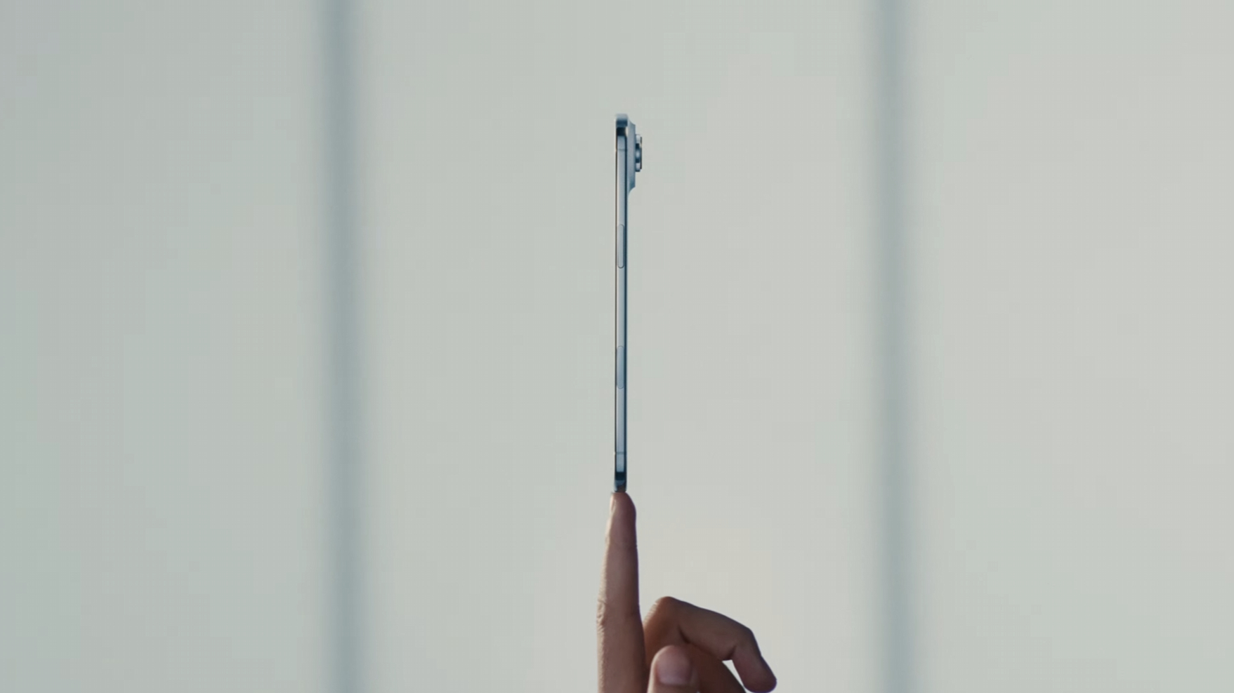 Apple event screen capture in September 2025 showing the iphone air on a finger tip